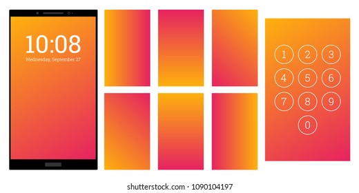 Cool colors gradient screen backgrounds set. Yellow and red numpad and screensaver kit. Vector wallpaper UI template for smartphone display. Device or gadget GUI for app, home or lock screen.