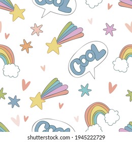 Cool. Comet and rainbow. Star and heart. Cartoon doodle print. Seamless vector pattern. White background. 