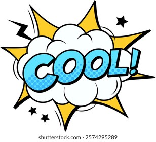 Cool comic book shout with stars and lightning bolt exploding from cloud with halftone dots in the word cool expressing excitement and approval