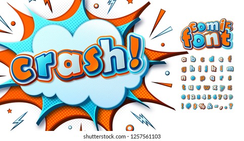 Cool Comic Font, Kid's Alphabet In Style Of Comics, Pop Art. Multilayer Funny Blue-orange Letters On Comic Book Page, Speech Bubble, Burst For Decoration Of Children's Illustrations, Posters, Banners