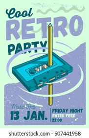 Cool Comic Retro Party Poster Template. Pencil Pass Through The Tape Cassette And Spin Manually For Rewind.  Vector Graphic. 