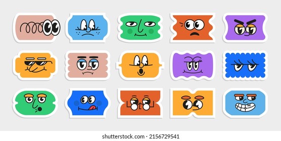 Cool comic sticker figures. Set of sale price tags shapes with smiling faces. Collection of different 50s style cartoon emotions with big eyes. Vector illustration