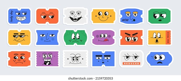 Cool comic sticker figures. Set of sale price tags shapes with smiling faces. Collection of different 50s style cartoon emotions with big eyes. Vector illustration