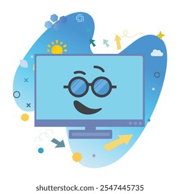 Personagem legal do computador na tela do monitor do computador - Ilustração perfeita do vetor para desenhos divertidos e alegres | Cool Icon Design na tela do monitor do computador