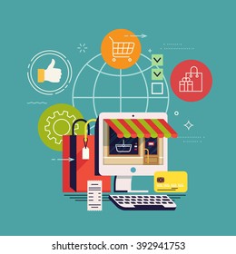 Excelente experiencia conceptual en comercio electrónico y compras en línea de negocios globales. Comprar en Internet. Mercado digital. Tienda en línea