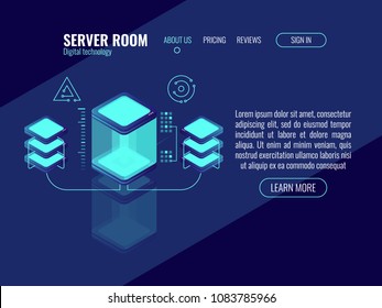 Cool concept of digital technology, server room, data center and database cion, bigdata processing rpocess dark neon isometric vector