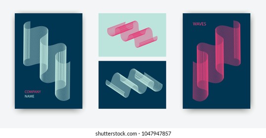 Cool concept template for cover, visit card, presentation. Green and pink Smooth lines  on blue background.Modern minimalistic design.The shape of the bends of a sheet of  a paper