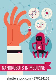 Cool concept vector design on nanorobots in medicine with hand holding capsule with nano robots inside with main fields of usage highlighted 