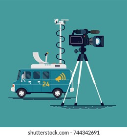 Cool Concept Vector Illustration On Live News Or Mobile TV Channel Broadcasting Station With Satellite Truck And Video Camera Recorder 