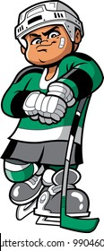 Cool confident and tough ice hockey player with bandage on face, skates and hockey stick showing attitude