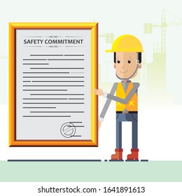 Cool construction character worker showing the project safety commitment board.