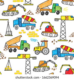 cool construction excavator, crane, bulldozer, truck boys hand drawn doodle seamless pattern