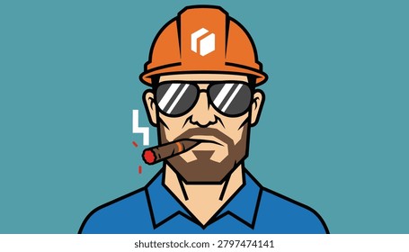 Cool construction worker character wearing sunglasses and an orange hard hat while smoking a cigar against a blue background.