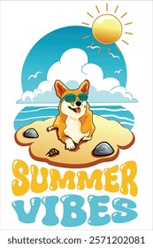 Cool Corgi with glasses Vector Sitting and Chilling on the beach with summer vibes writing. Good to be used for T-shirt, flyer, bag design. 