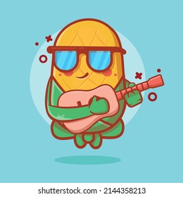 cool corn character mascot playing guitar isolated cartoon in flat style design