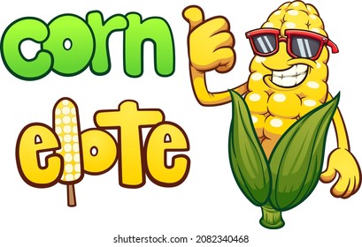 Cool corn character with text in English and Spanish. Vector clip art illustration with simple gradients. Some elements on separate layers.
