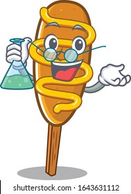 Cool corn dog Professor cartoon character with glass tube
