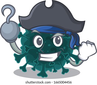 Cool coronavirus COVID 19 in one hand Pirate cartoon design style with hat