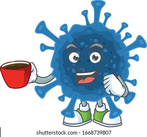Cool coronavirus desease cartoon character with a cup of coffee