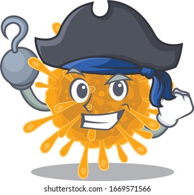Cool coronavirus in one hand Pirate cartoon design style with hat
