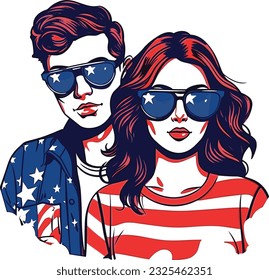 Un personaje genial de la pareja usando los colores de los estados unidos, Día de la Independencia, 4 de julio, celebración