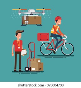 Cool Courier Characters Workers People With Equipment, Bicycle With Container, Cart With Cardboard Boxes, Delivery Drone Multicopter Robot. Shipping, Logistics Service In Business And Industry