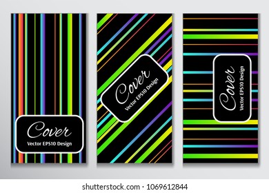 Cool cover gradient stripe design. Contrast cover for front of booklet. Layout with colorful gradient stripes on black background for corporate purpose.