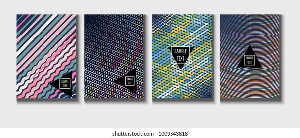 Cool Covers Set. A4 Vector Business Folders Templates. Colored Trendy Modern Business Covers Set. Neon Bright Glam and Glitch Party Poster Background. Futuristic Branding, Linear Tech Design.