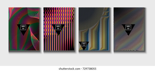 Cool Covers Set. Fluid Vector Iridescent Gradient Glam Background. Rainbow Colored Holographic A4 Minimal Covers Set. Neon Colored Futuristic Grid Music Poster. Funky New Year, Celebration Backgrounds
