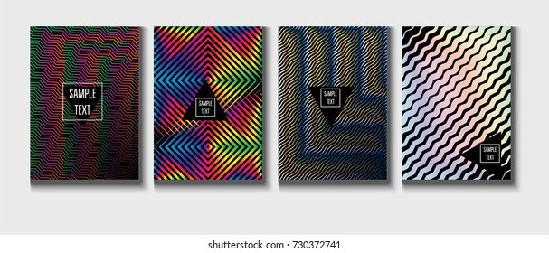 Cool Covers Set. Fluid Vector Iridescent Gradient Glam Background. Rainbow Colored Holographic A4 Minimal Covers Set. Neon Colored Futuristic Grid Music Poster. Funky New Year, Celebration Backgrounds