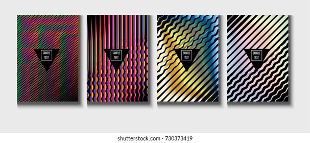 Cool Covers Set. Fluid Vector Iridescent Gradient Glam Background. Rainbow Colored Holographic A4 Minimal Covers Set. Neon Colored Futuristic Grid Music Poster. Funky New Year, Celebration Backgrounds