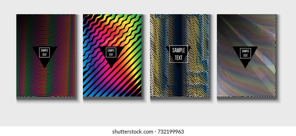 Cool Covers Set. Fluid Vector Iridescent Gradient Glam Background. Rainbow Colored Holographic A4 Minimal Covers Set. Neon Colored Futuristic Grid Music Poster. Funky New Year, Celebration Backgrounds