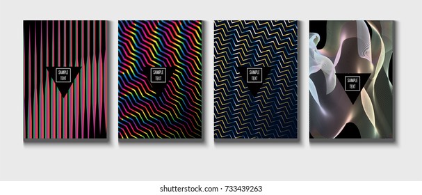 Cool Covers Set. Fluid Vector Iridescent Gradient Glam Background. Rainbow Colored Holographic A4 Minimal Covers Set. Neon Colored Futuristic Grid Music Poster. Funky New Year, Celebration Backgrounds