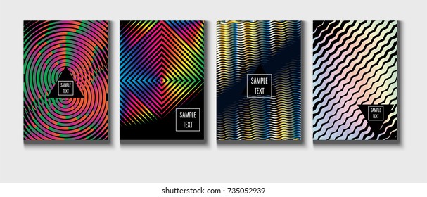 Cool Covers Set. Fluid Vector Iridescent Gradient Glam Background. Rainbow Colored Holographic A4 Minimal Covers Set. Neon Colored Futuristic Grid Music Poster. Funky New Year, Celebration Backgrounds