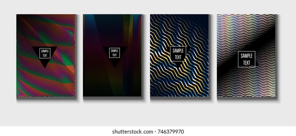 Cool Covers Set. Fluid Vector Iridescent Gradient Glam Background. Rainbow Colored Holographic A4 Minimal Covers Set. Neon Colored Futuristic Grid Music Poster. Funky New Year, Celebration Backgrounds