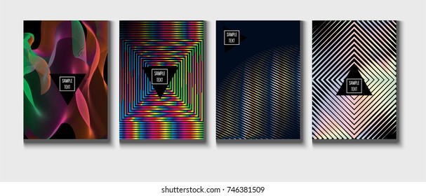 Cool Covers Set. Fluid Vector Iridescent Gradient Glam Background. Rainbow Colored Holographic A4 Minimal Covers Set. Neon Colored Futuristic Grid Music Poster. Funky New Year, Celebration Backgrounds