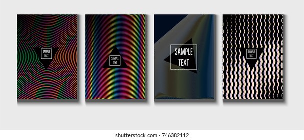 Cool Covers Set. Fluid Vector Iridescent Gradient Glam Background. Rainbow Colored Holographic A4 Minimal Covers Set. Neon Colored Futuristic Grid Music Poster. Funky New Year, Celebration Backgrounds