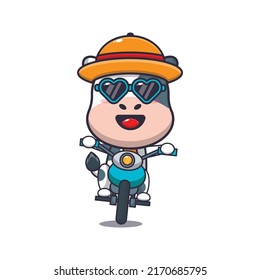 Cool cow cartoon mascot character ride motocycle in summer day