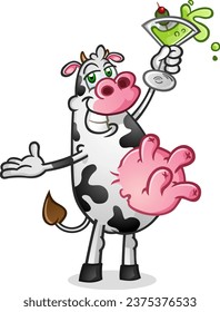 Un personaje de vaca fresco con actitud bebiendo un vodka martini con un toque de oliva y dando manos a la masa con burros redondos al pato lleno de leche deliciosa