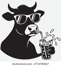 Cool Kuh trinken Getränk mit Sonnenbrille Stroh.