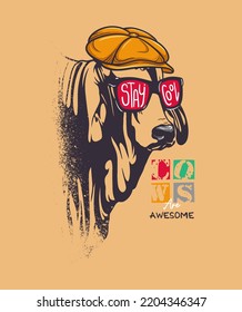 Cool cow head wearing stylish sunglasses and hat. Hand drawn vector illustration