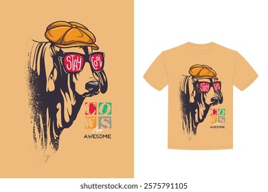 cool cow head wearing stylish sunglasses hat hand drawn vector illustration for t shirt design