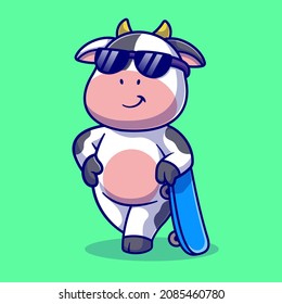 Cool Cow With Skateboard Cartoon Vector Icon Illustration. Animal Sport Icon Concept Isolated Premium Vector. Flat Cartoon Style