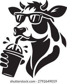 Cool Cow Wearing Sunglasses Drinking Milkshake Fun Minimalist Vector Silhouette