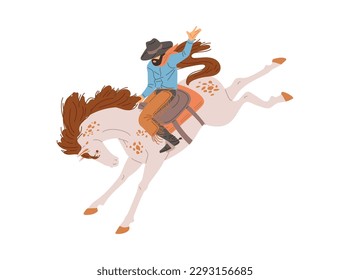 Cool cowboy riding horse, flat vector illustration isolated on white background. Man from wild west on horseback. Person wearing cowboy costume. Horse rider.