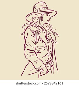 A cool cowgirl in a hat is posing vector for illustration, card, decoration