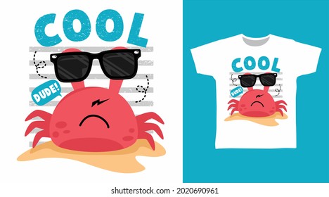 Cool crab with glasses t-shirt design vector