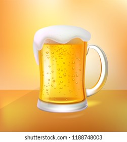 Cool craft beer with foam in big glass mug. Low alcohol drink made of organic hop and barley. Alcoholic beverage realistic 3D vector illustration.