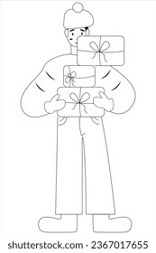 Cool crazy carefree guy wearing outerwear holding a bunch of gift boxes coloring page