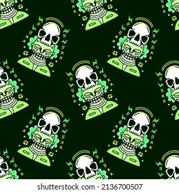 Cool crazy clown with skull hat flag on black background seamless pattern. Modern vintage, pop art style seamless pattern concept.